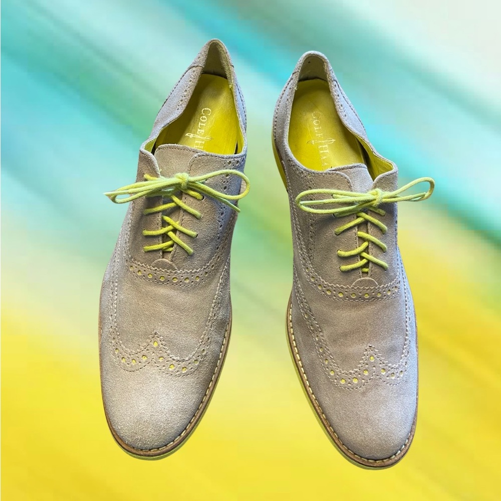 Cole Haan Tan/Beige Suede and Leather Oxfords w/ Yellow Details Women’s Size 10